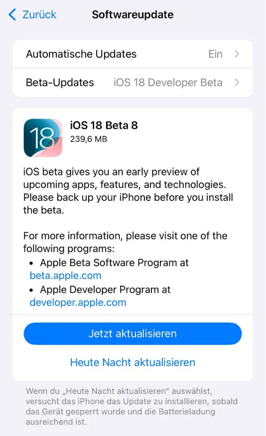 玉泉苹果手机维修分享苹果 iOS / iPadOS 18 开发者预览版 Beta 8 发布 